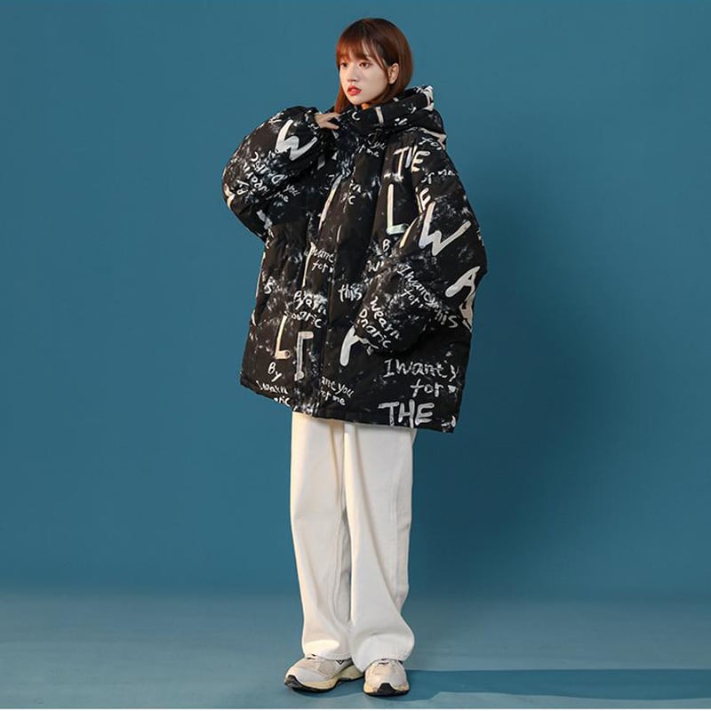 [Ushiomiomi Series] ★Winter Coat★ Cotton Coat Outerwear 2color Unisex Men's Graffiti Alphabet Black