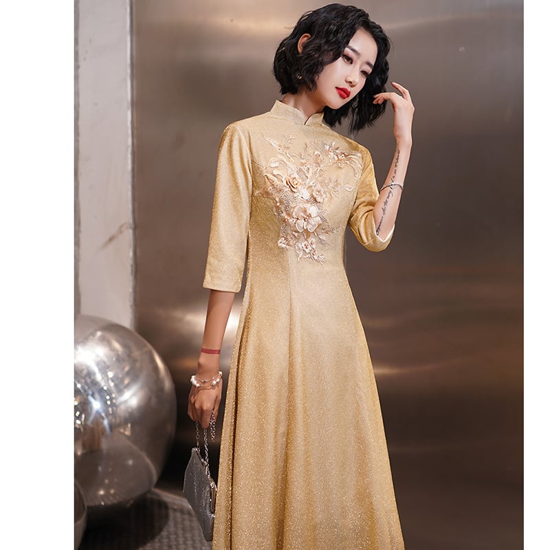 [Chouga series] ★Party dress★ Maxi length dress Improves temperament Gold Golden Chinese style