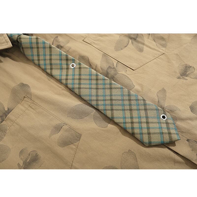 [HTTAOSUP Series]★Shirt with tie★ 3color tops, short sleeve shirt, floral pattern shirt, unisex, men's brown, green, beige