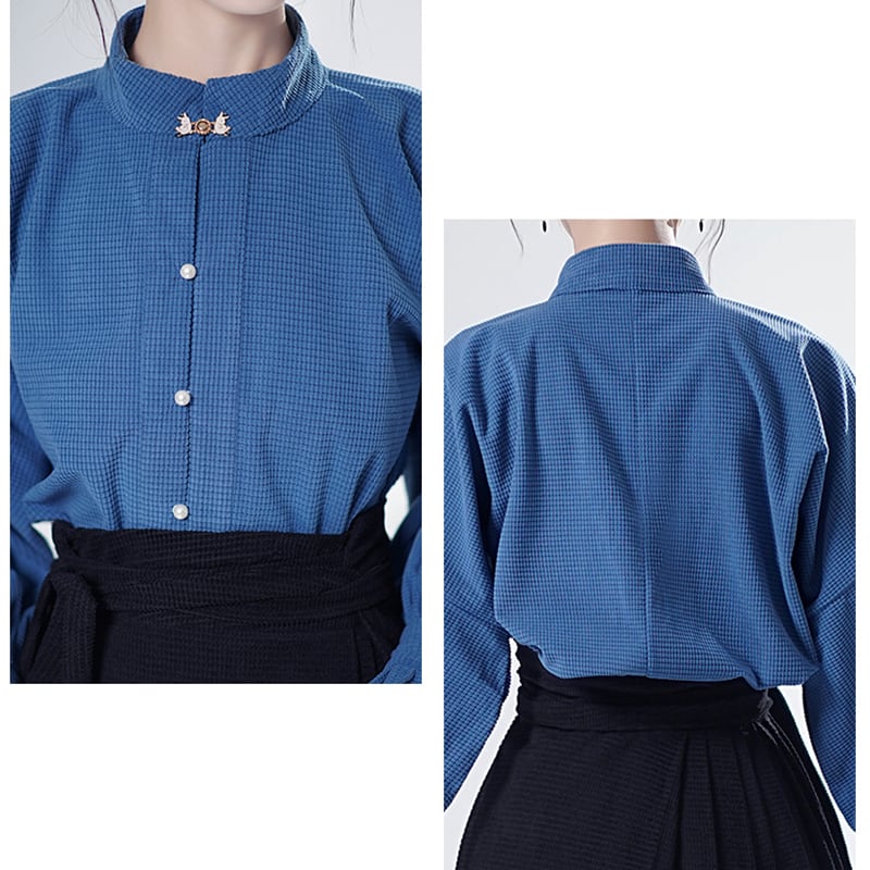 [WUJIA Series]★China style shirt★ Tops Long sleeve shirt Improves temperament Blue Blue Easy to match S M L XL