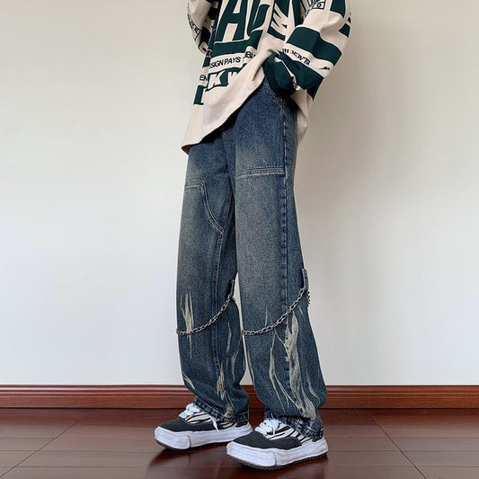 [Tiaota Series]★Denim Pants★ 3color Bottoms Casual Pants with Chain Unisex Men's Large Size