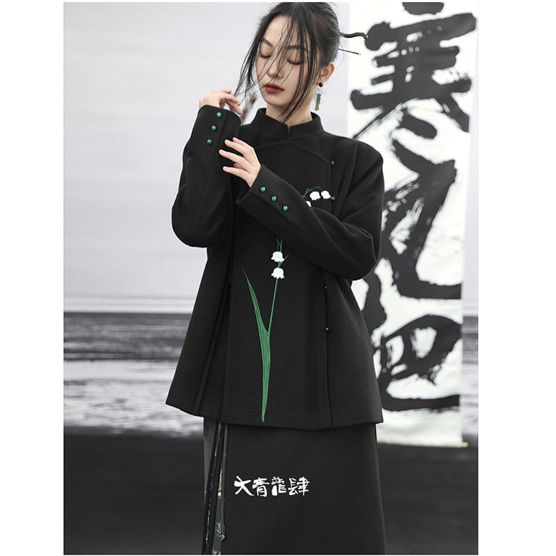 [Big Blue Dragon Series] ★Chinese style outerwear★ Blazer Lily of the Valley Rasha Embroidery Chinese Clothes Black Black