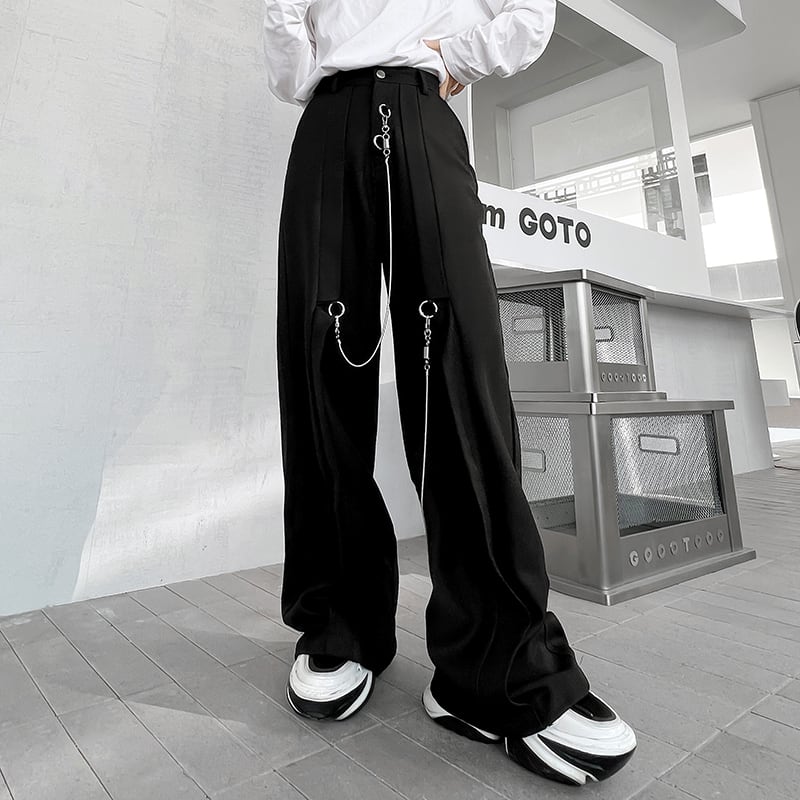 [Irie series] ★Casual pants★ Bottoms with chain Unisex Men's Unique Black Black ML XL