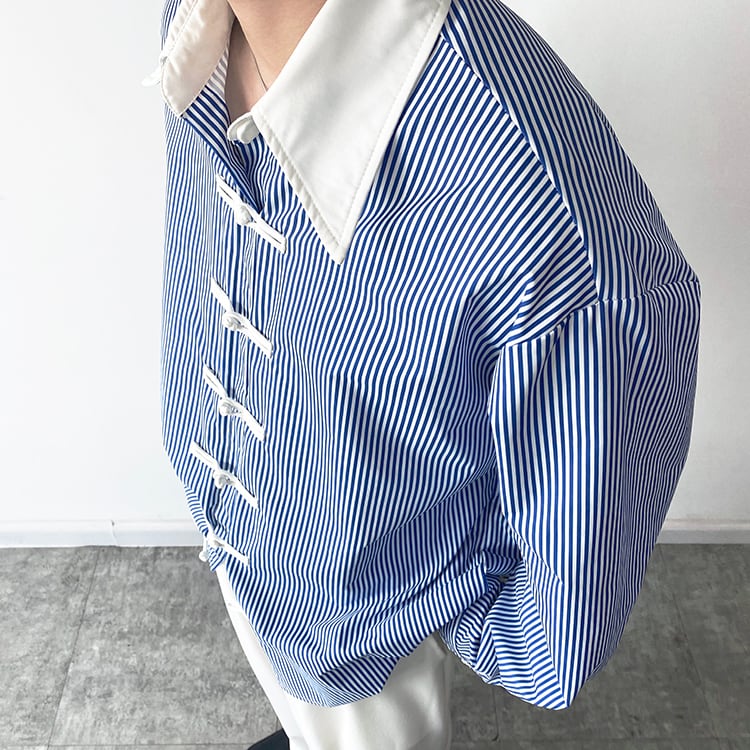 [Orange Family Series]★Chinese Style Shirt★ Chinese Clothes Tops Unisex Men's Vertical Stripes Color Scheme Blue Blue ML XL