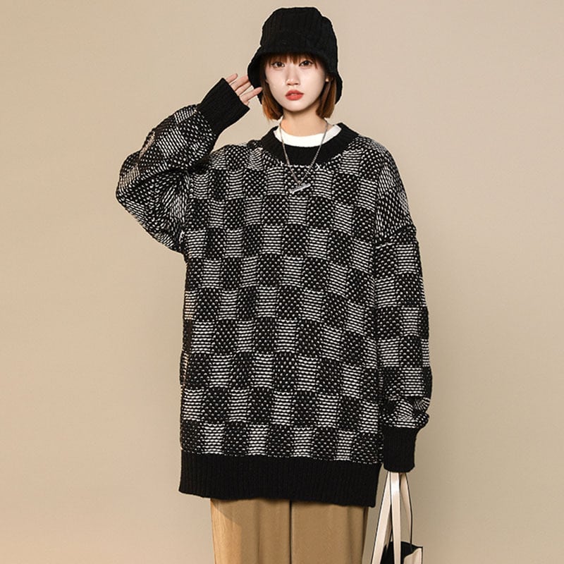 [Ushiomiomi Series] ★Sweater★ 3color Knit Tops Unisex Men's Plaid Pattern Gray Green Black