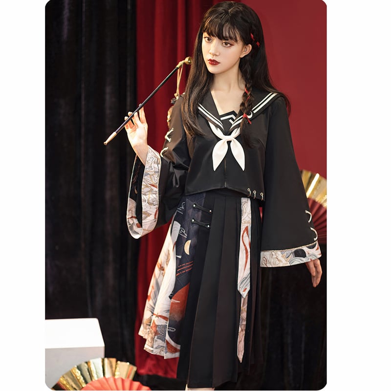 【花悅詩風シリーズ】★チャイナ風セットアップ★ トップス+スカート セーラー服 JK風 2点セット 可愛い