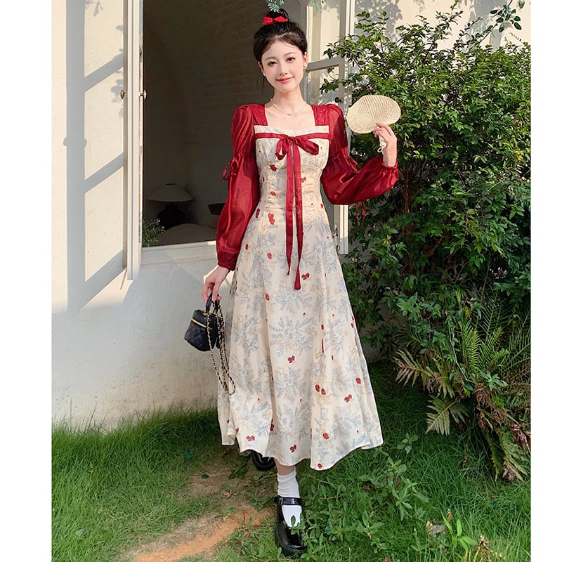 [JIGUJIGU series] ★China style dress★ Switching ribbon, large size, improves temperament, commuting, date, red, red, floral pattern