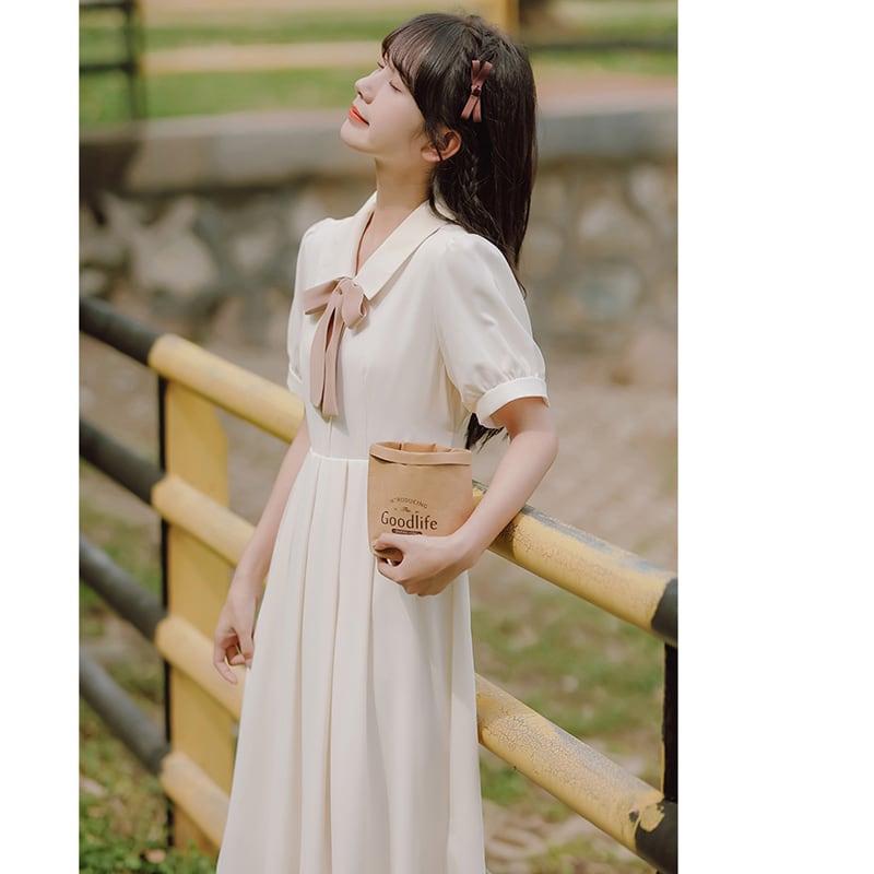 [Han Xuanwei Series] ★One Piece★ 2color Simple Cute Date Ribbon Beige Easy to Match Short Sleeve Dress