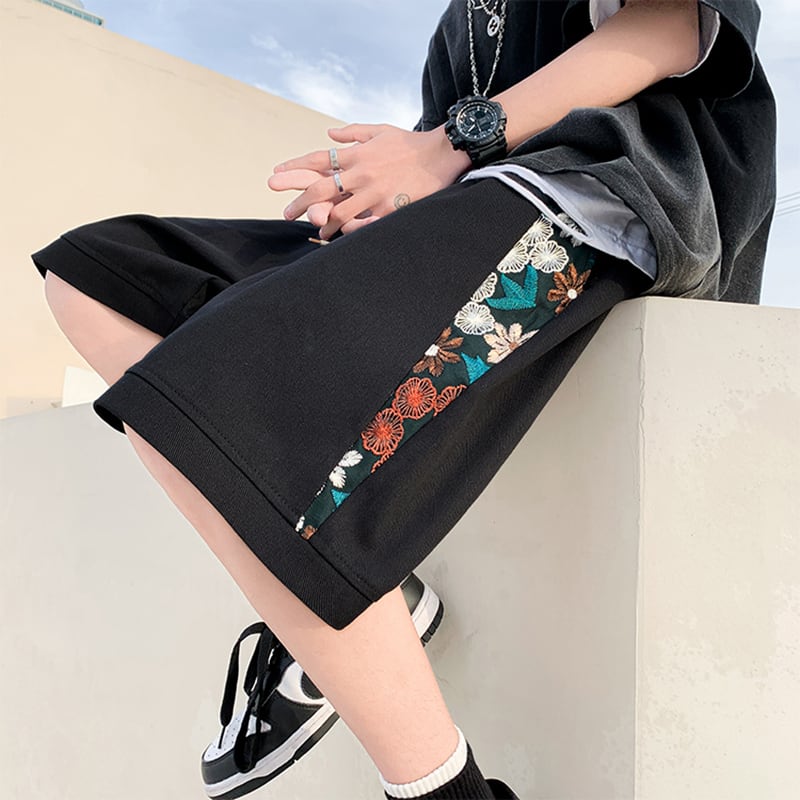 [V37 Series] ★Shorts★ 2color Black or Beige Shorts Summer Clothes Embroidery Floral Pattern Unisex Large Size