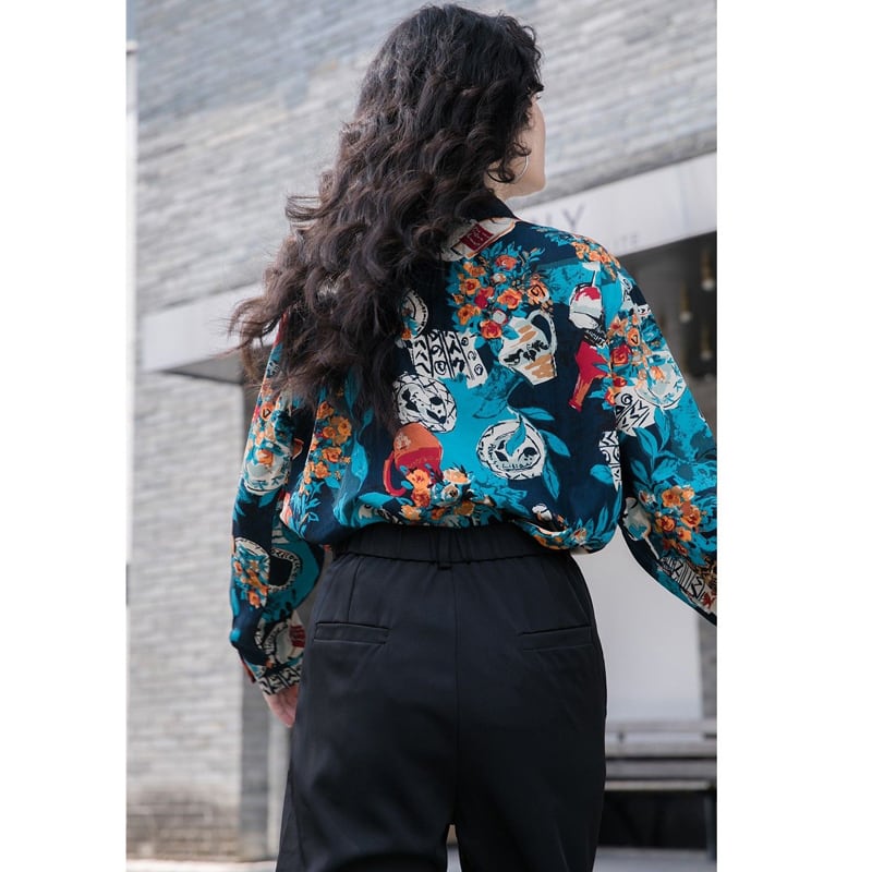 [YOUZI Series]★Shirt★ Tops, oil painting style, floral pattern, loose, retro, commuting, dating, ladies, unique, cute