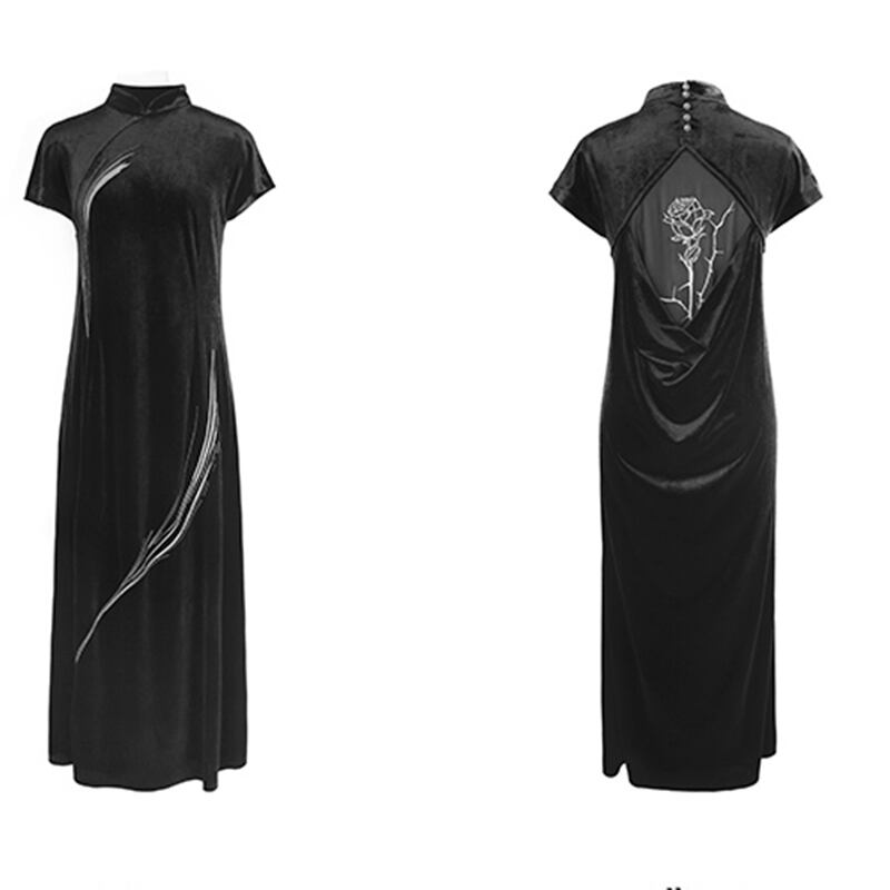 [Da Qinglong Shu Series] ★China style dress★ Improved cheongsam dress, velvet, improves temperament, long length, black