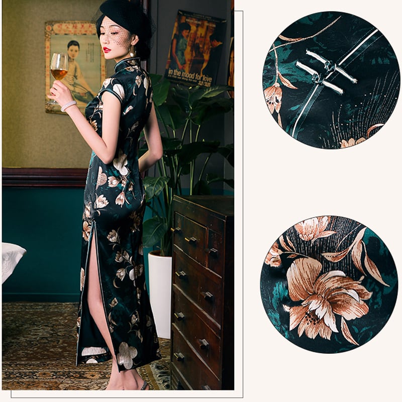 [Four Little Sisters Series] ★Long Chinese dress★ Luxury silk Chinese style dress, short sleeves, slimming, large size