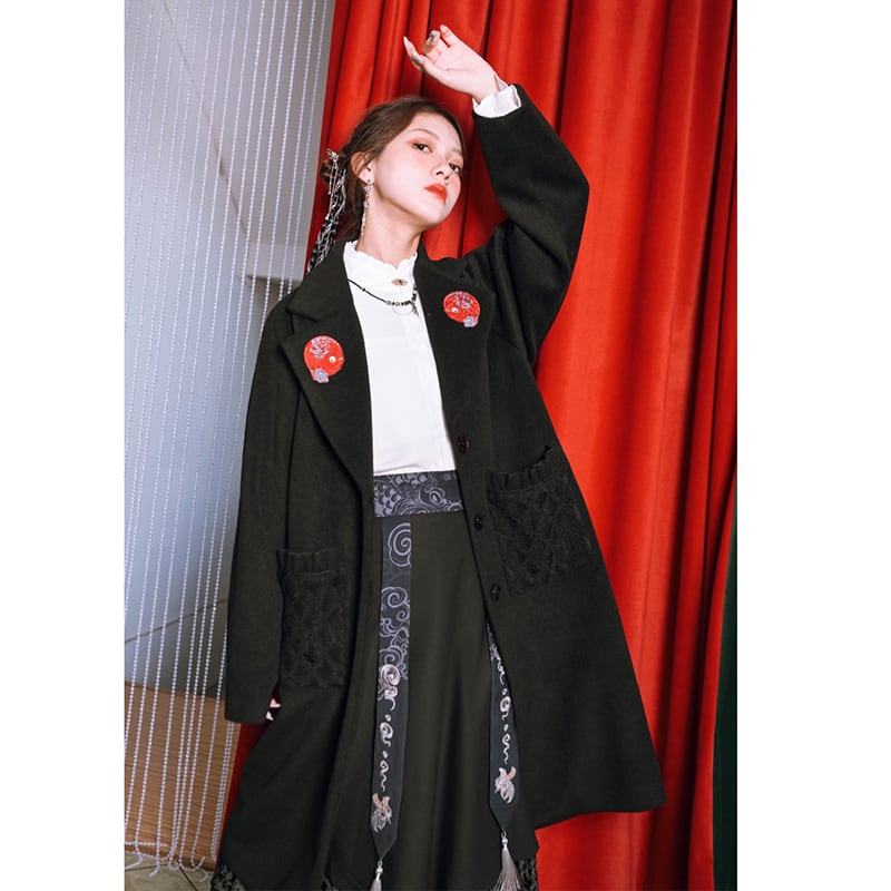 [Ancient ghost house---Shanhai-kei series] ★China style coat★ Lasha embroidery, long length, thick, black, black, easy to match