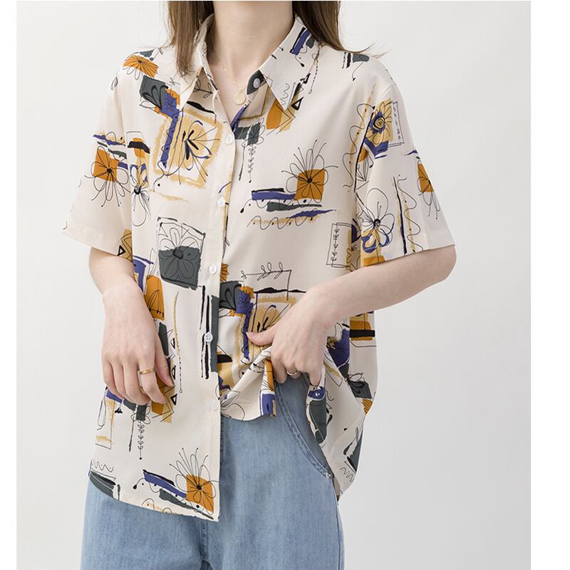 [YOUZI Series]★Retro Shirt★ Tops Printed Short Sleeves Floral Pattern Oil Painting Style Commuting Date Office Lady Office Improves Temperament