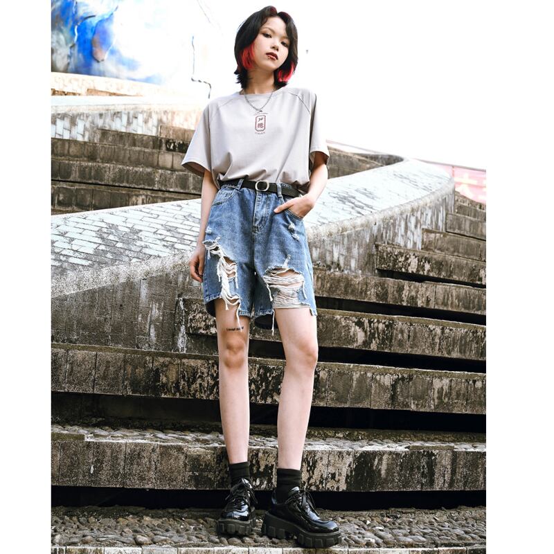 [Kokaisha---Renketsu Rules Series]★China style trousers★Shorts, half-length, denim, fashion, blue, blue