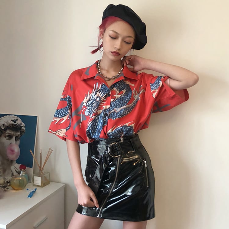 [Yuan Xiaoji Series] ★China style shirt★ Tops 2 colors Red or blue Dragon pattern Dragon pattern Loose fitting Unisex Couple clothes