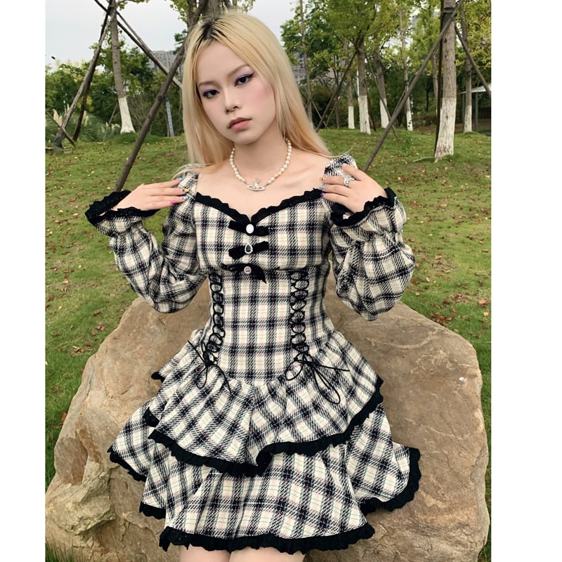 [Series] ★Checked dress★ Super cute ribbon slimming ladies fashion lolita SML black and white