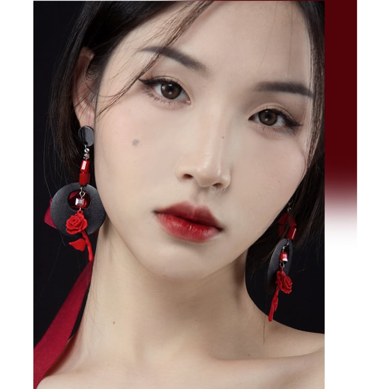 [MORE Bokuji series] ★China style earrings★ Pair earrings rose circle black red floral pattern retro