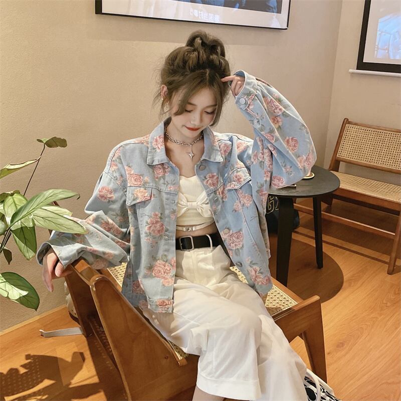 [Home Series]★Denim Jacket★ Floral Tops Outerwear Jacket Women's Short Length