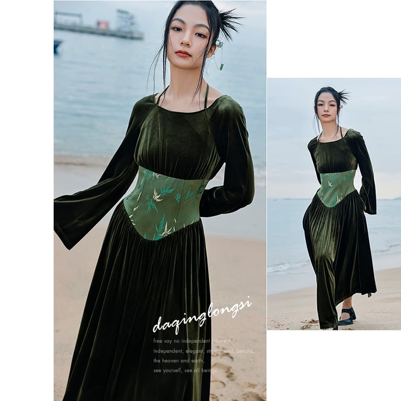 [Big Blue Dragon Series] ★China style dress★ Switching velvet bamboo embroidery green sexy