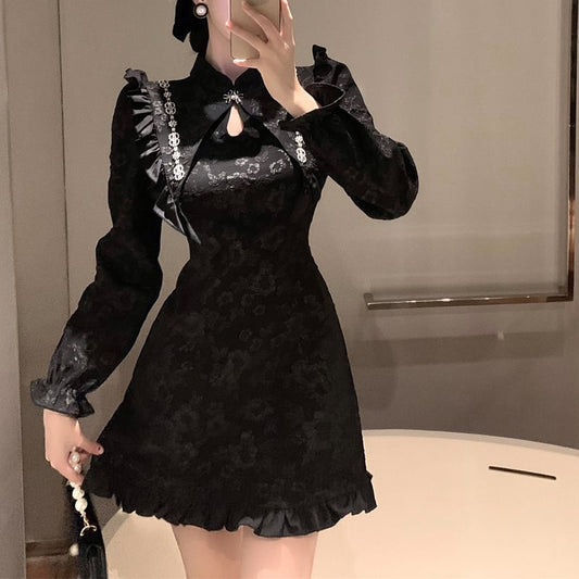 [NANA Series] ★Chinese style dress★ Sexy Chinese clothing Improved cheongsam dress Black Black Cute