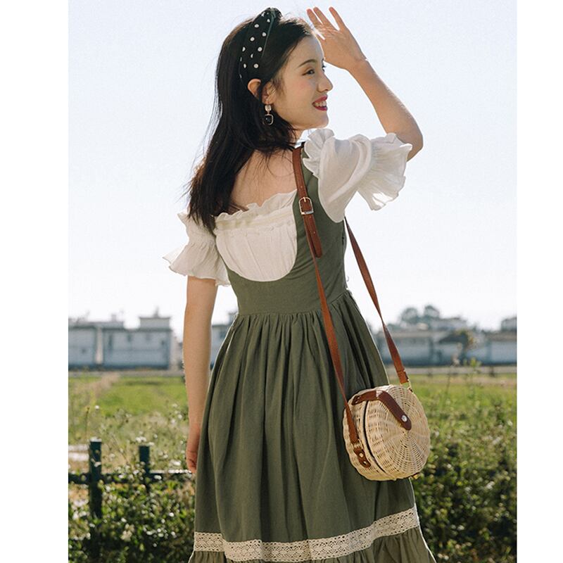 [Jinkyoku Series] ★One Piece★ Retro Dress Switching Ladies Date Faux Layered Green