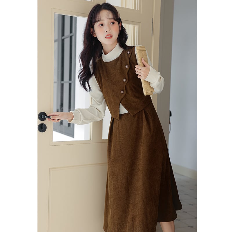 [CHIC Series] ★One Piece★ Faux Layered Corduroy Coffee Color Date Improves Temperament