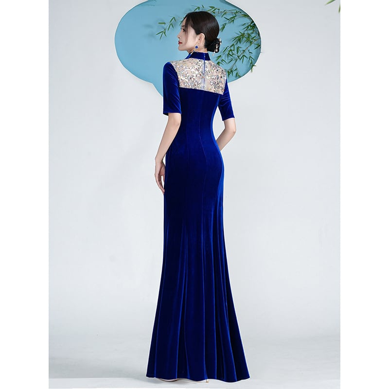 [Encounter dress series] ★Cheongsam dress★ Mermaid line velvet Improves temperament Maxi length Blue Blue Large size