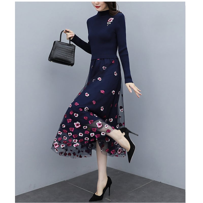 [Ebi Kei Series] ★One piece★ Stretchy knit dress Embroidery dress Floral pattern Elegant Blue Blue