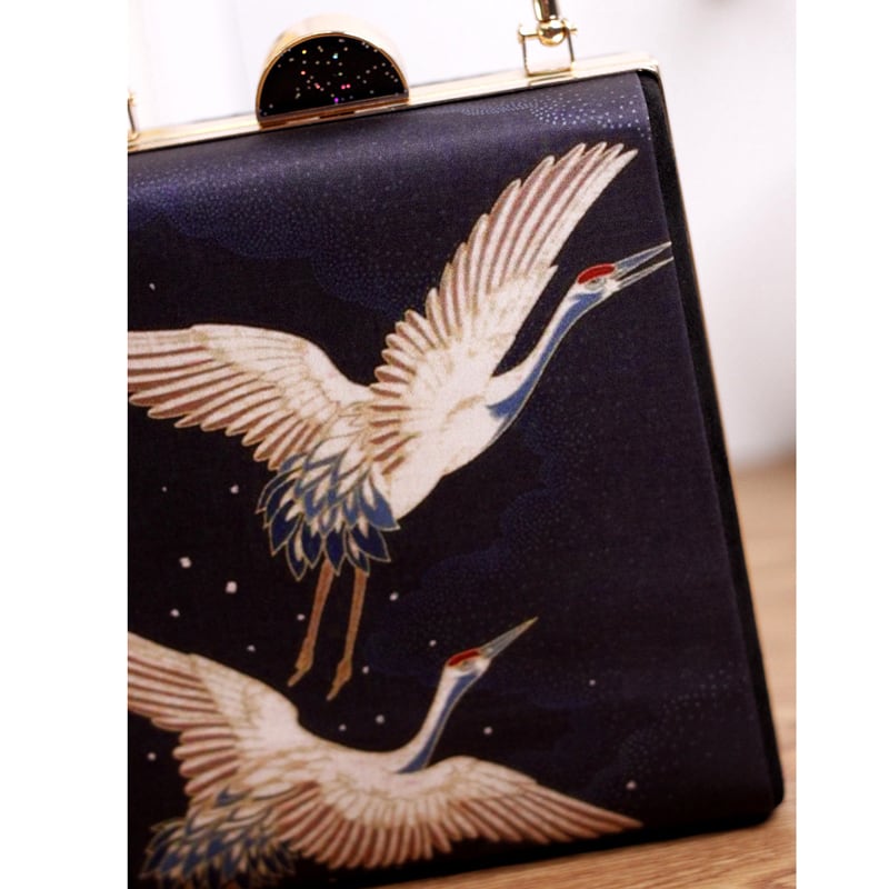 Chinese style bag handmade crane pattern travel everyday photography party retro chain black elegant