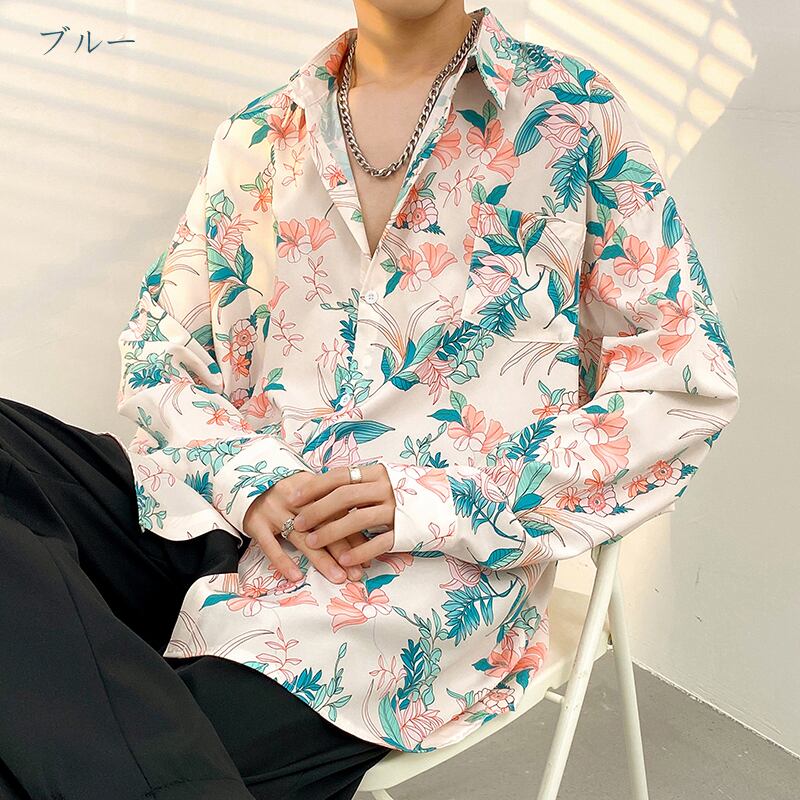 [Illustrated series]★Shirt★ Tops 2color Unisex Men's Floral Shirt Spring Clothes ML XL 2XL 3XL Blue Green