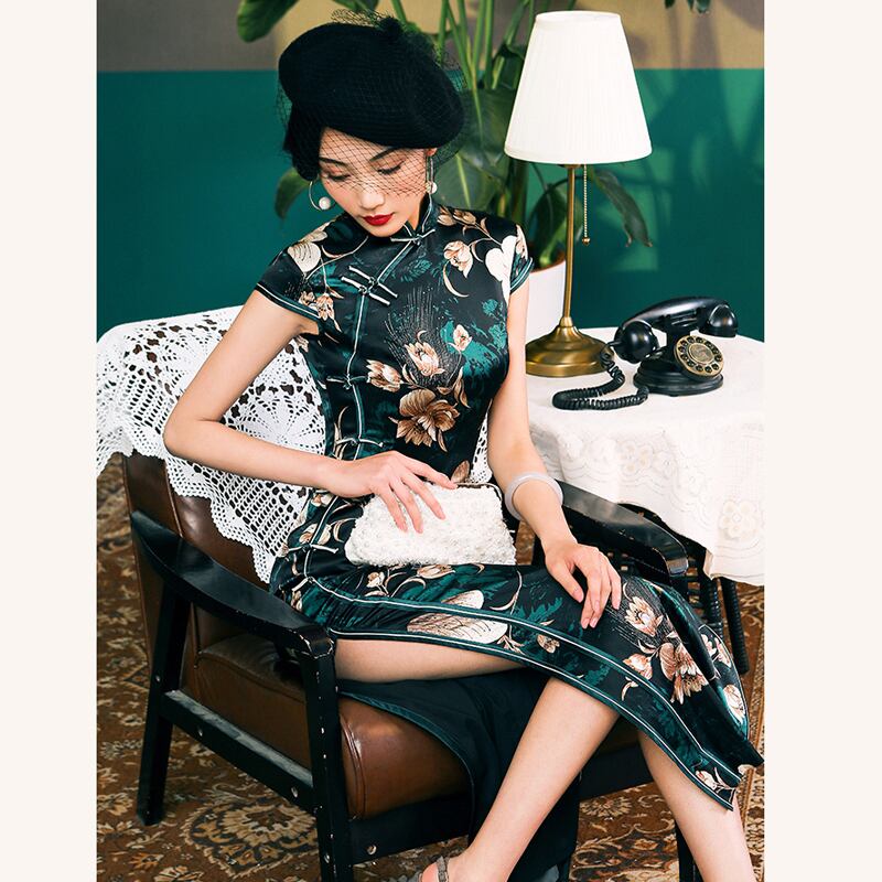 [Four Little Sisters Series] ★Long Chinese dress★ Luxury silk Chinese style dress, short sleeves, slimming, large size