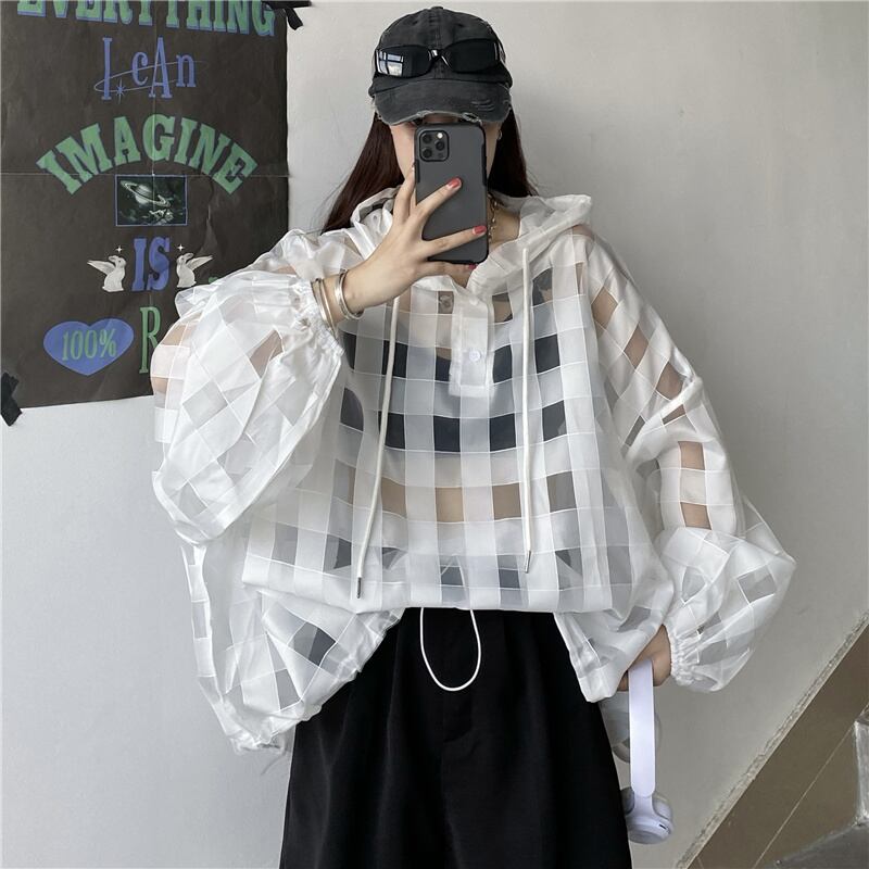 [Miyakoya Series] ★Tops★ 2 colors, plaid pattern, transparent, with hat, spring/summer, loose, black, white