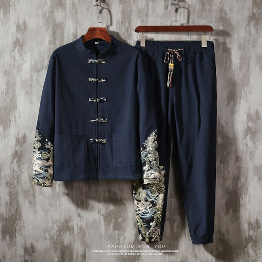 [JUNYI Series]★China style setup★ 2color bottoms tops + pants unisex men's large size improved Tang suit navy black