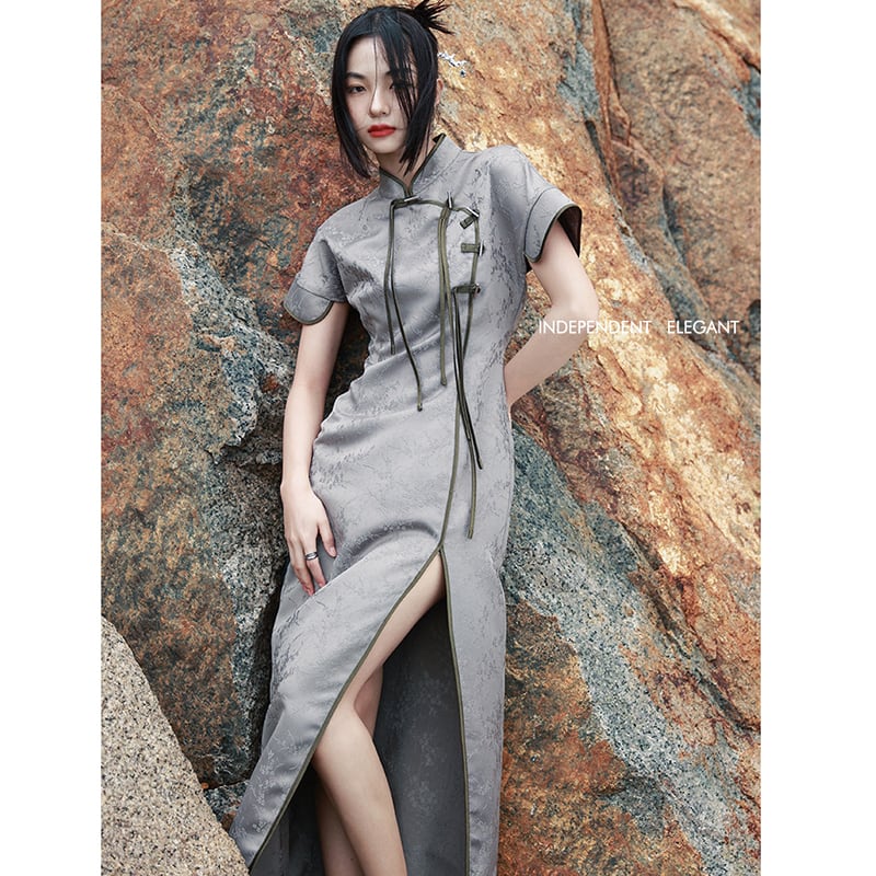 [Da Qinglong Shu Series] ★China style dress★ Improved cheongsam dress Color scheme Improves temperament Long length Silver gray