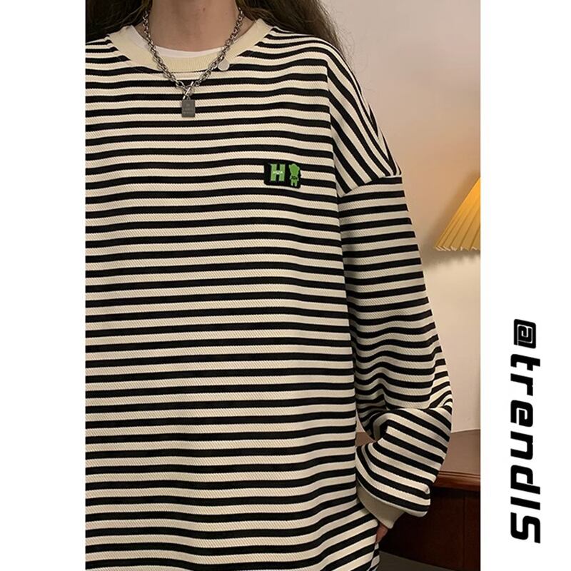 [BIGEMAN Series] ★Tops★ 2color Horizontal striped pattern long sleeve tops Unisex Men's Large size Black Coffee color