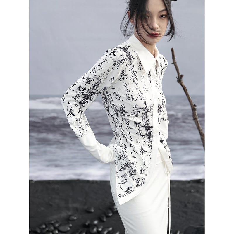 [Da Qinglong Shu Series] ★Chinese Style Shirt★ Tops Letter Pattern Long Sleeve Shirt Chinese Clothes Original White White