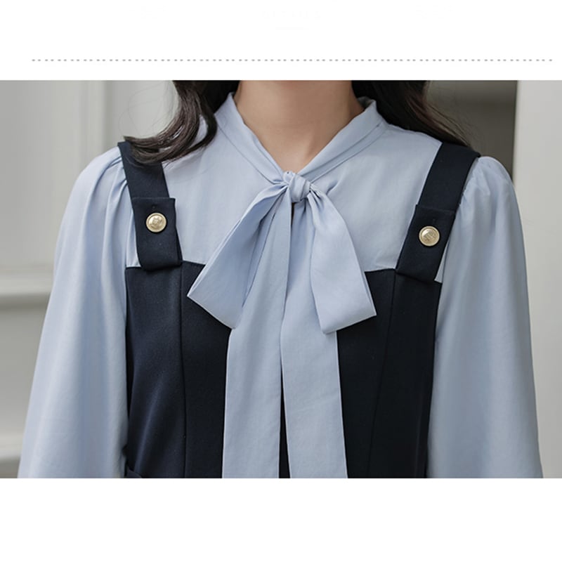 [MEIYI Series] ★One Piece★ Long Length Faux Layered Ribbon Women's Commuting Date Navy Blue