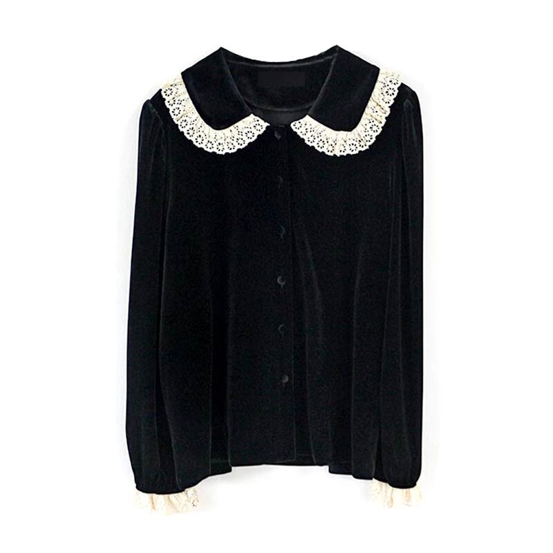 [Bunshi Alley Series] ★Cute Shirt★ Ladies Shirt Tops SML LL Black Black Velvet