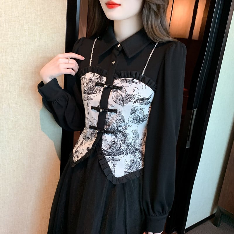 [Furin Series] ★China-style shirt★ China-style tops, long sleeves, ink pattern, fake layered, black