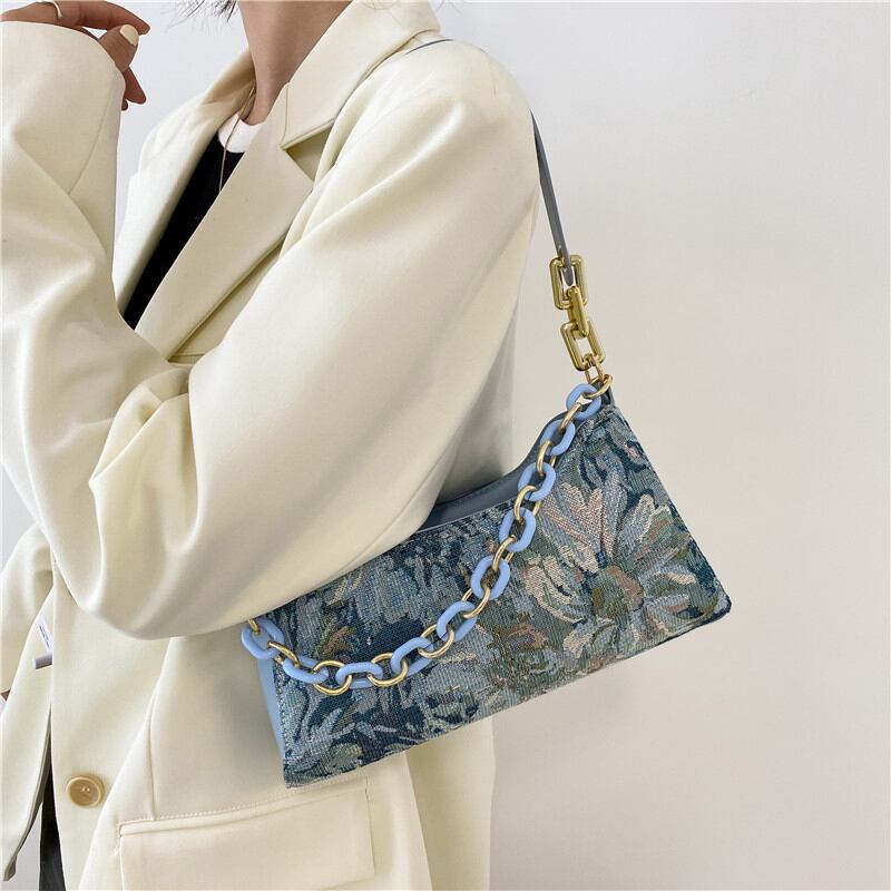 [ANDCICI Series] ★China style bag★ Oil painting style 2color floral pattern cute date commuting OL office blue green