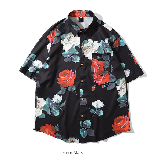 【From Mars---油絵薔薇シリーズ】★レトロ シャツ★ 2color 個性的 男女兼用 メンズ カップル服 花柄 ブラック ホワイト