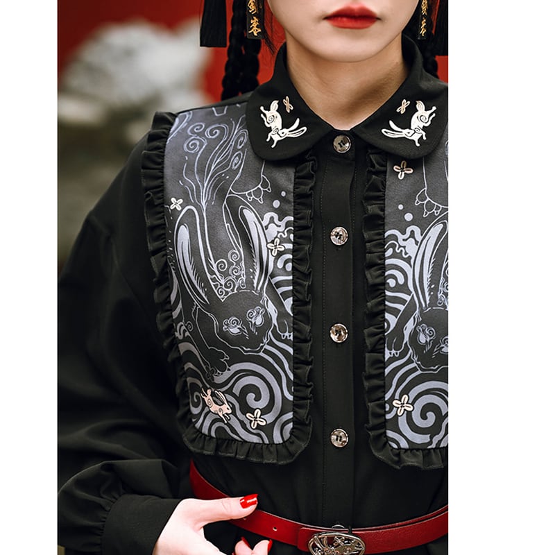 [Old Monster --- Rabbit Series] ★China style shirt★ Long shirt embroidery rabbit rabbit black black