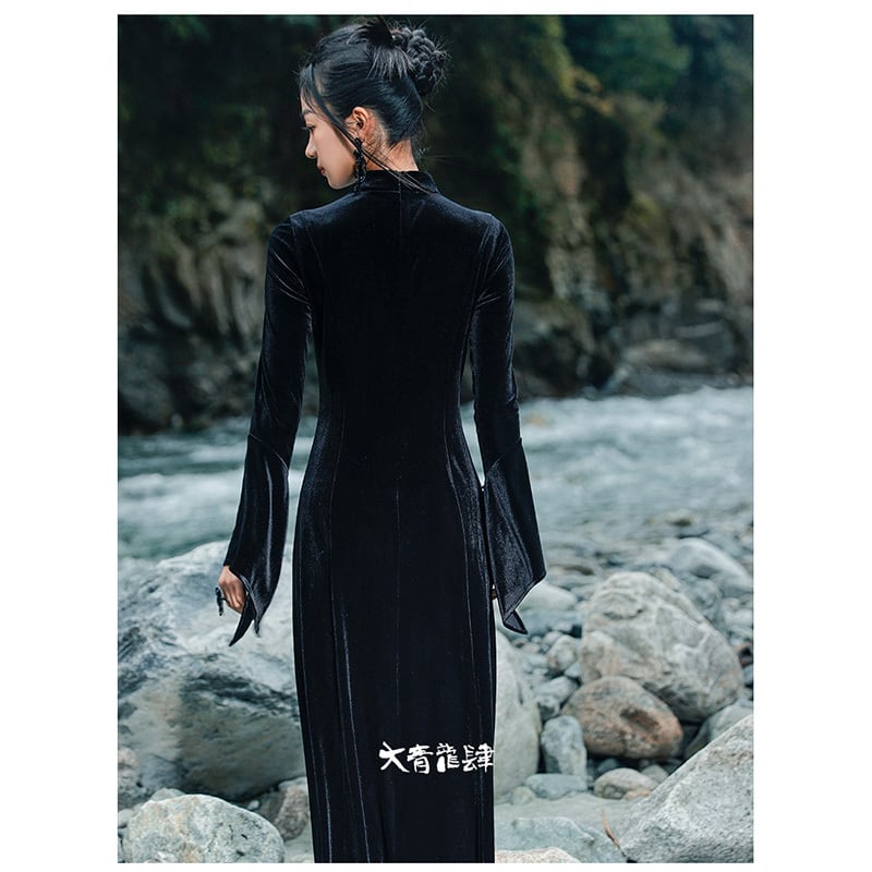 [Big Blue Dragon Series] ★China style dress★ Long length velvet sexy black slit long length