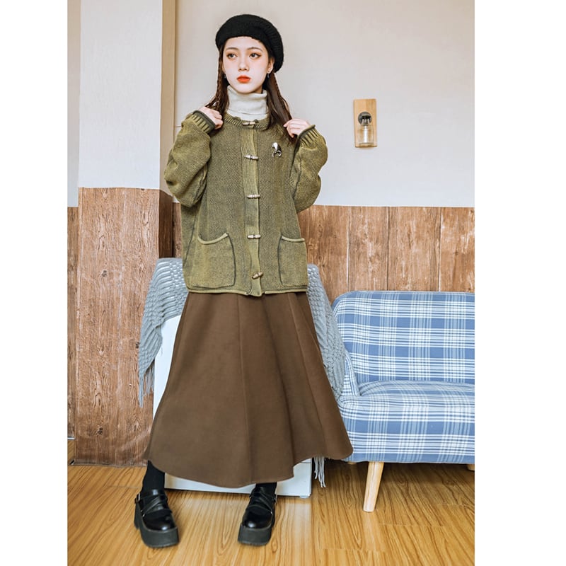 [Old Monster---Rachikuri Series] ★China style skirt★ Bottoms Lasha plain thick autumn/winter clothes brown