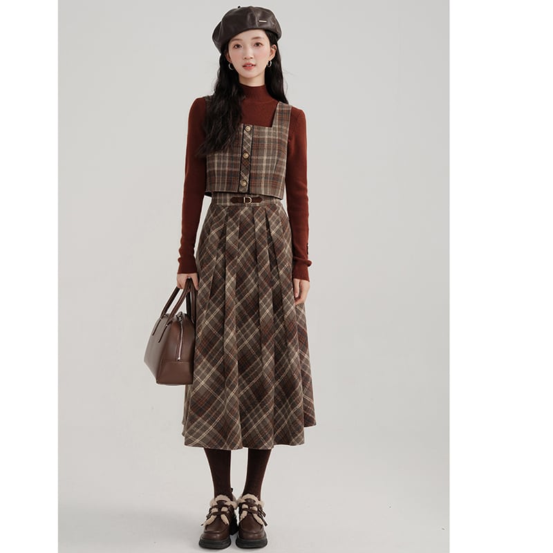 [Kiyi series]★Setup★Checked pattern vest + checked pattern skirt Retro cute Daterasha