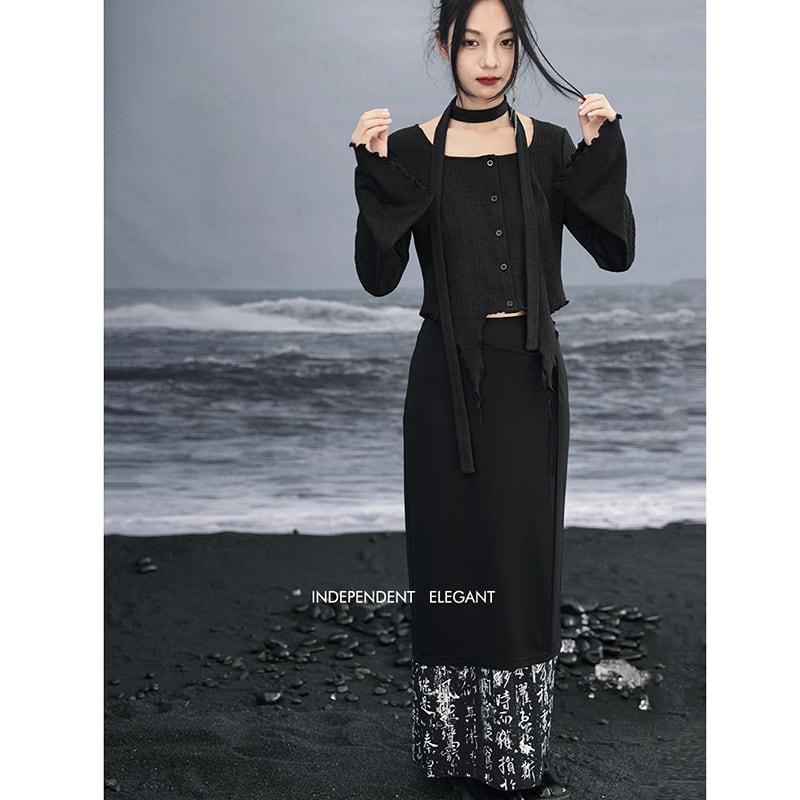 [Big Blue Dragon Series] ★China Style Skirt★ Letter Pattern Bottoms Ladies Switching Original Black Black