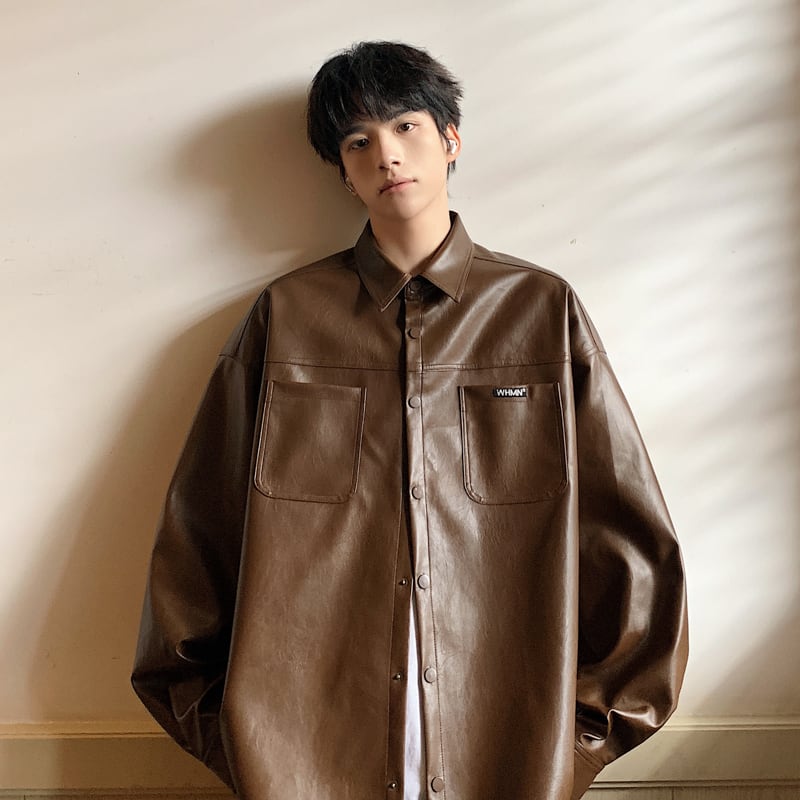 [Fujiman Series]★Shirt★3color Tops PU Unisex Men's Black Apricot Coffee Color Casual