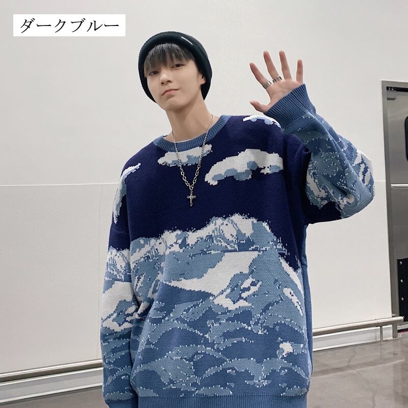 [Creation Series]★Sweater★ 2color Tops Unisex Men's Snow Mountain Blue Blue ML XL 2XL Round Neck