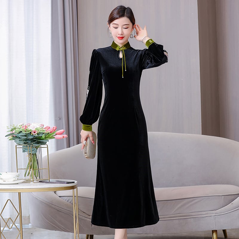 [Agoya Yui Series] ★Cheongsam dress★ Chinese style piece velvet black black long length